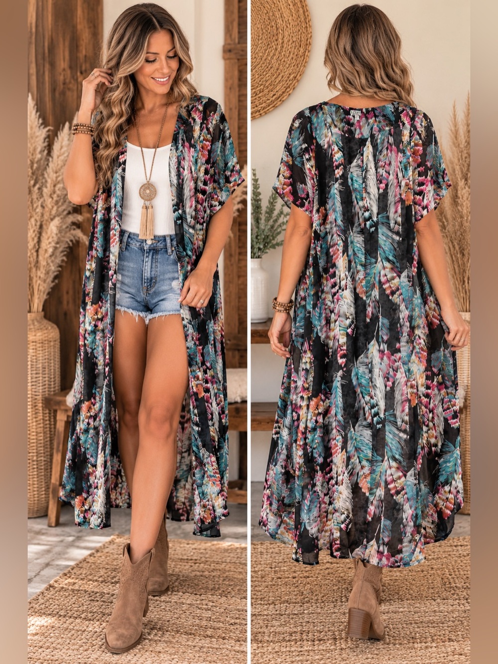 Umgee Black Multi-Feather Print Open Front Kimono